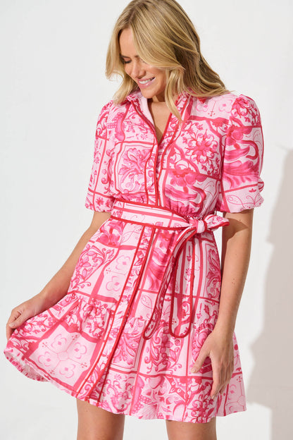 Aurelio Shirt Dress in Pink and Red Tile Print