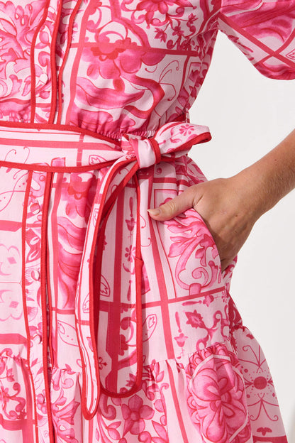 Aurelio Shirt Dress in Pink and Red Tile Print