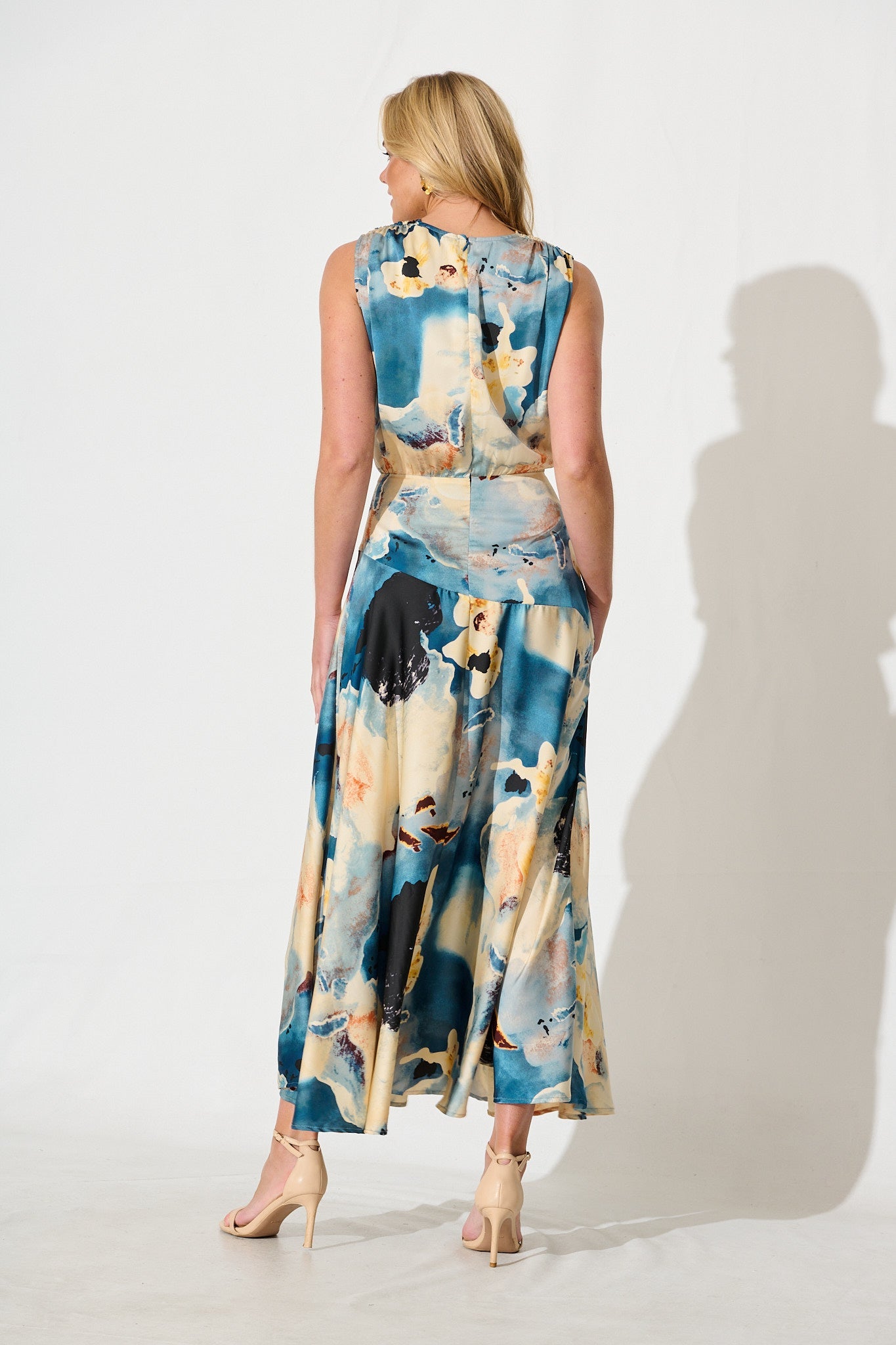 Jenibelle Maxi Dress in Blue And Cream Watercolour Satin