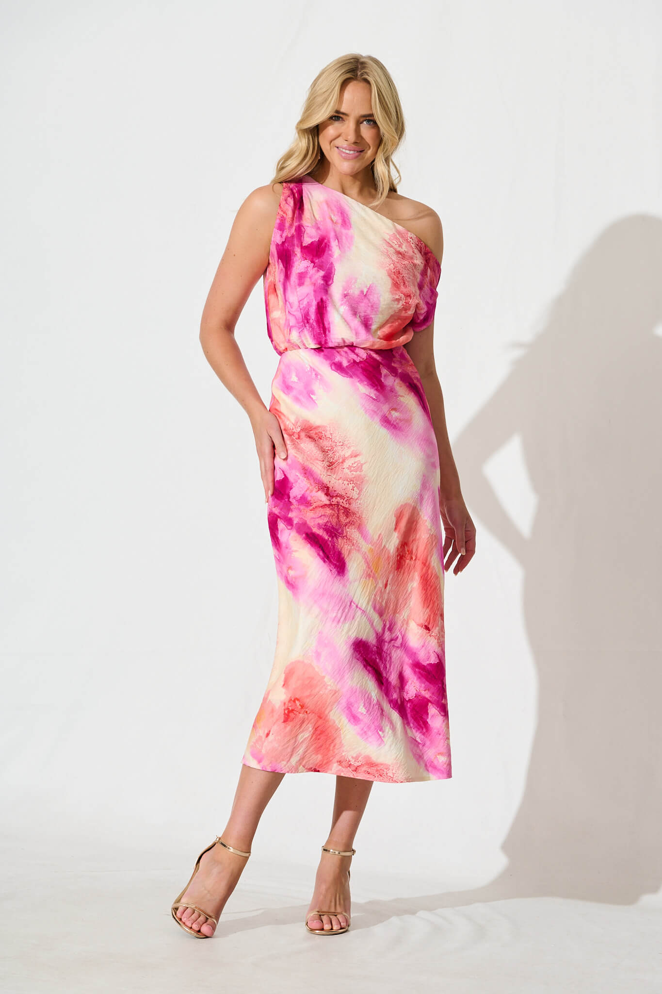 Georgiana Midi Dress in Magenta with Multi Watercolour