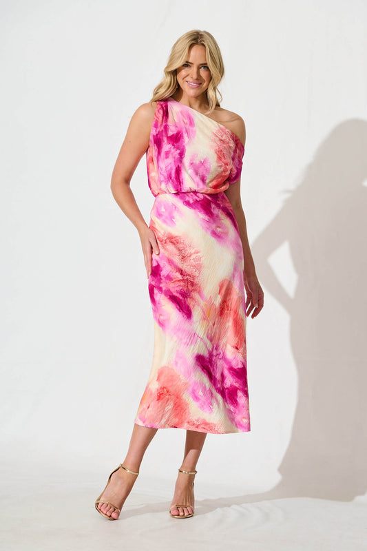 Georgiana Midi Dress in Magenta with Multi Watercolour