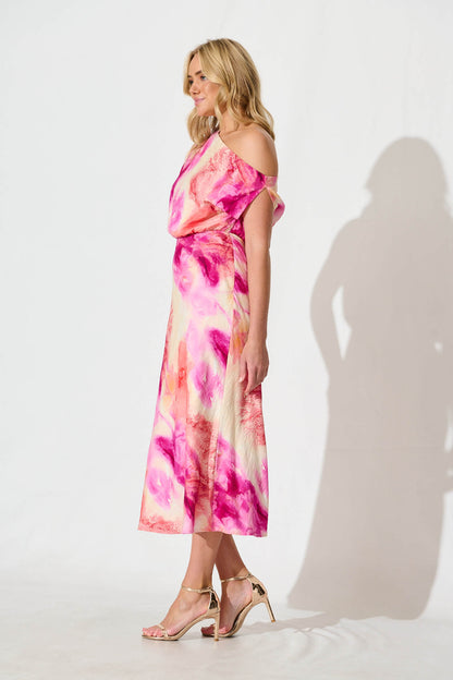 Georgiana Midi Dress in Magenta with Multi Watercolour