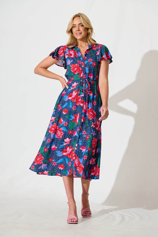 Sweet Lover Midi Dress in Navy with Red Floral