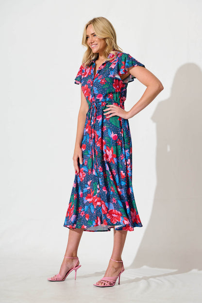 Sweet Lover Midi Dress in Navy with Red Floral