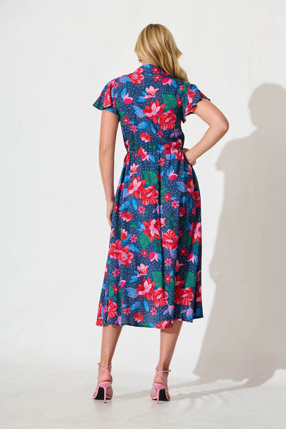Sweet Lover Midi Dress in Navy with Red Floral