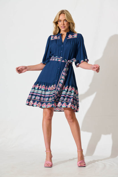 Lanchester Dress in Blue with Pink Floral Border Print