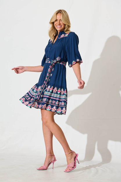 Lanchester Dress in Blue with Pink Floral Border Print