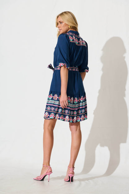 Lanchester Dress in Blue with Pink Floral Border Print