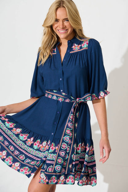 Lanchester Dress in Blue with Pink Floral Border Print