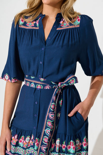 Lanchester Dress in Blue with Pink Floral Border Print