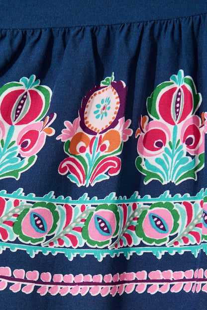 Lanchester Dress in Blue with Pink Floral Border Print