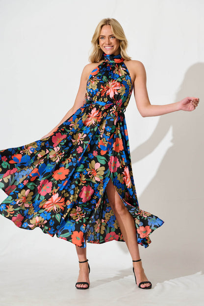 Kiss Me Halter Neck Maxi Dress in Black Floral Satin