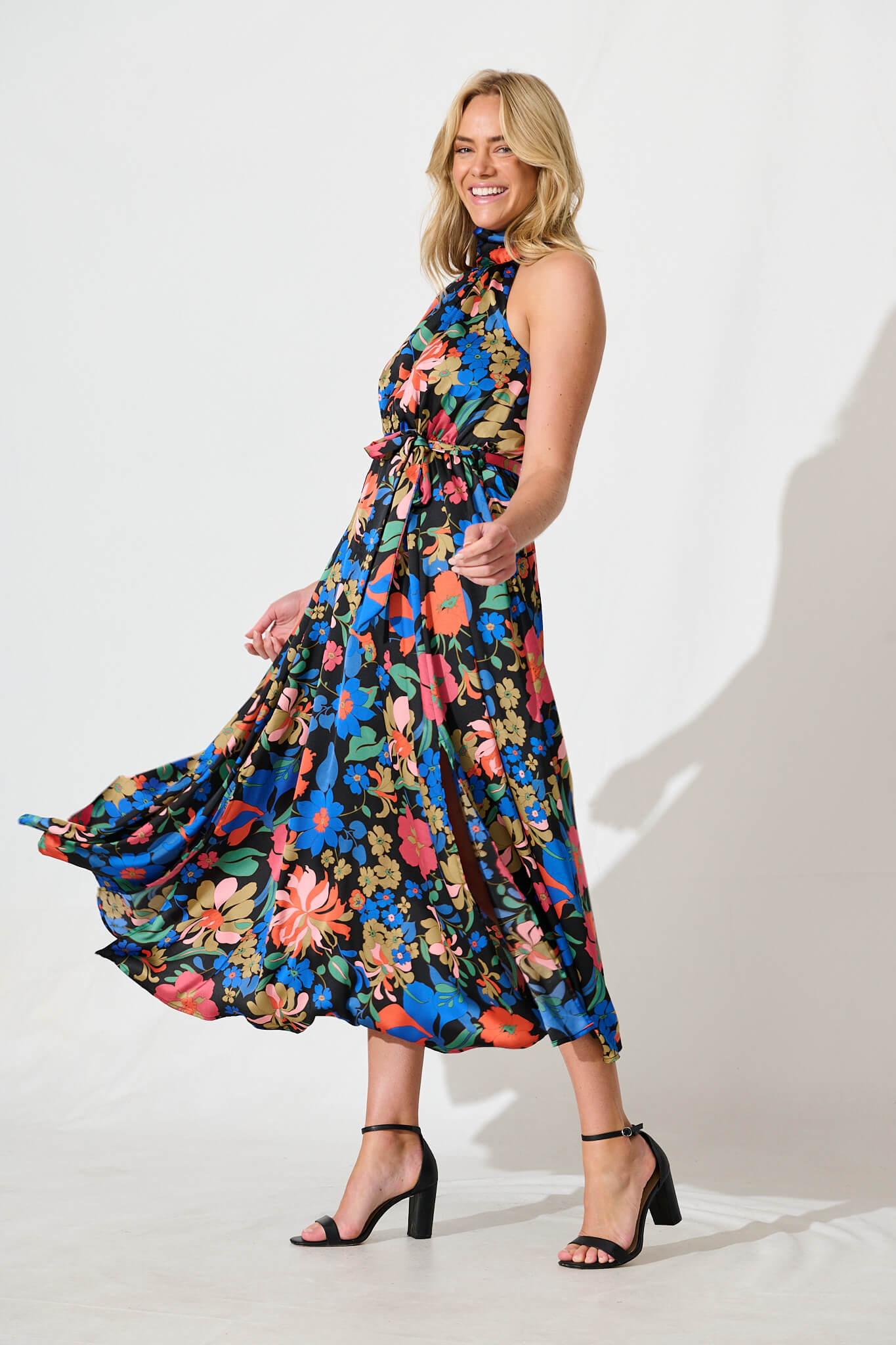 Kiss Me Halter Neck Maxi Dress in Black Floral Satin