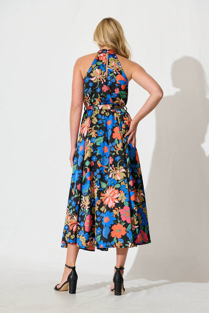 Kiss Me Halter Neck Maxi Dress in Black Floral Satin