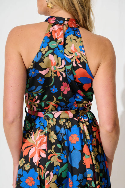 Kiss Me Halter Neck Maxi Dress in Black Floral Satin