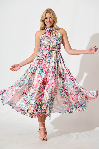 Kiss Me Halter Neck Maxi Dress in White Multi Satin