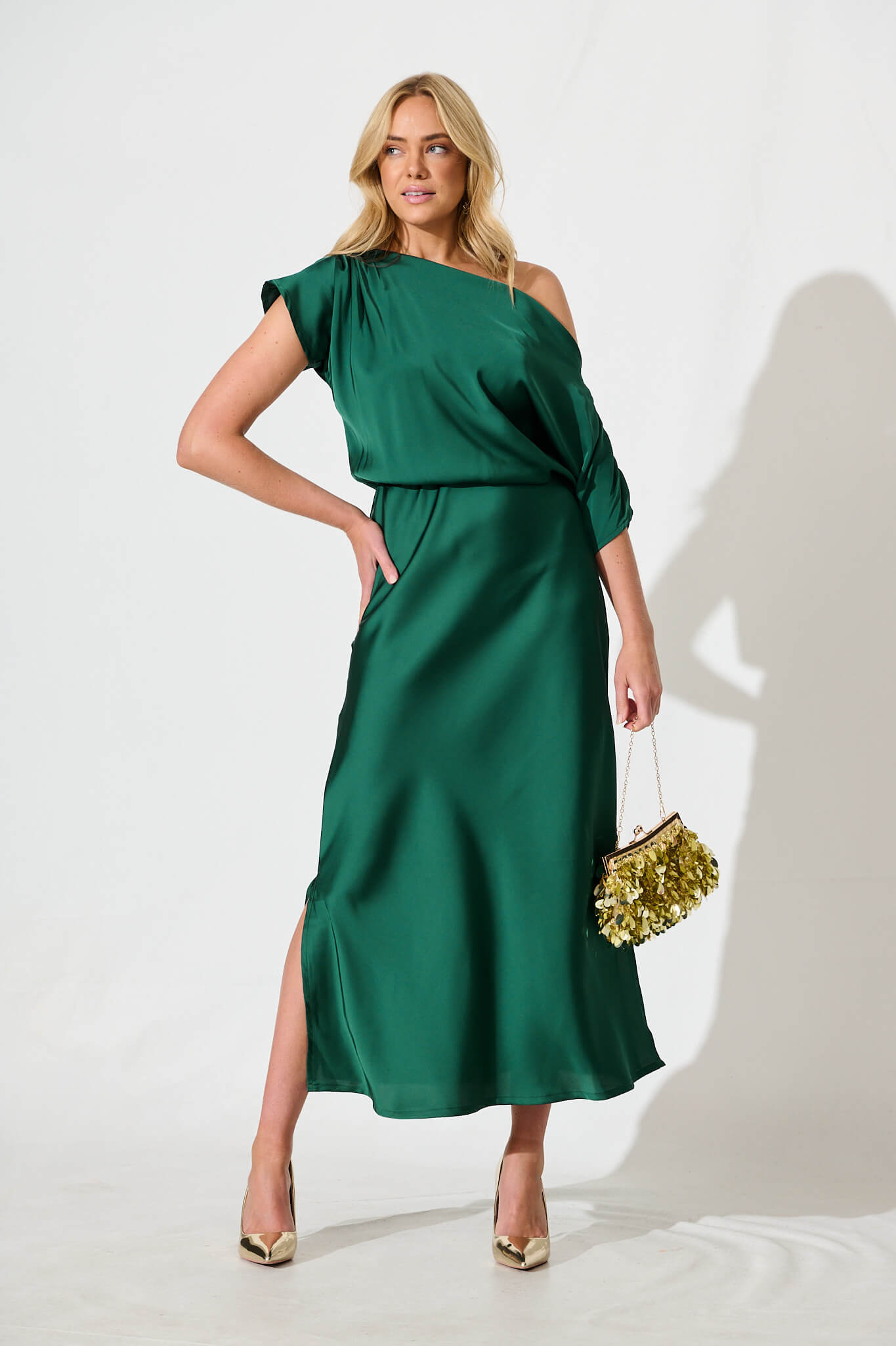 Sarita Maxi Off Shoulder Dress in Emerald Green Satin