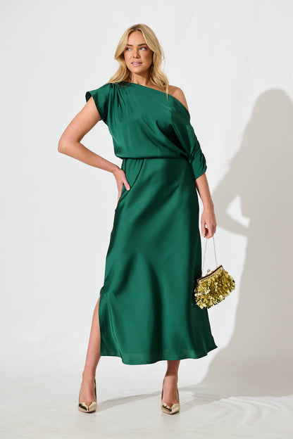 Sarita Maxi Off Shoulder Dress in Emerald Green Satin