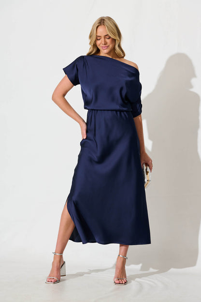 Sarita Maxi Off Shoulder Dress in Navy Satin