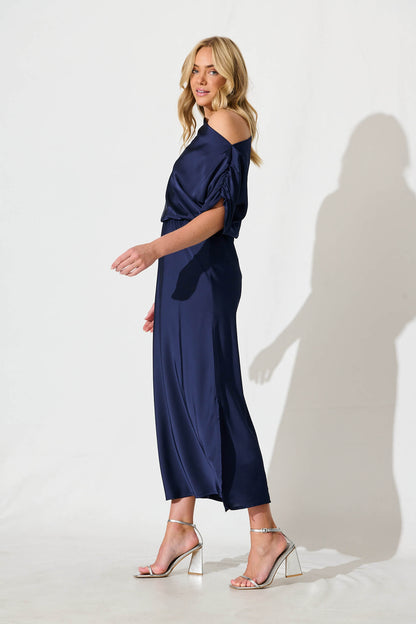 Sarita Maxi Off Shoulder Dress in Navy Satin