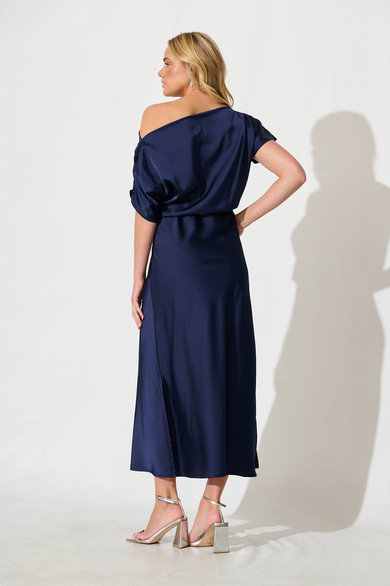 Sarita Maxi Off Shoulder Dress in Navy Satin