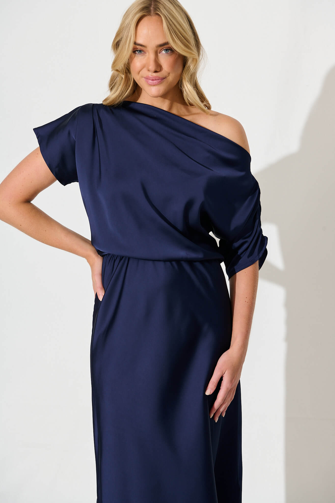 Sarita Maxi Off Shoulder Dress in Navy Satin