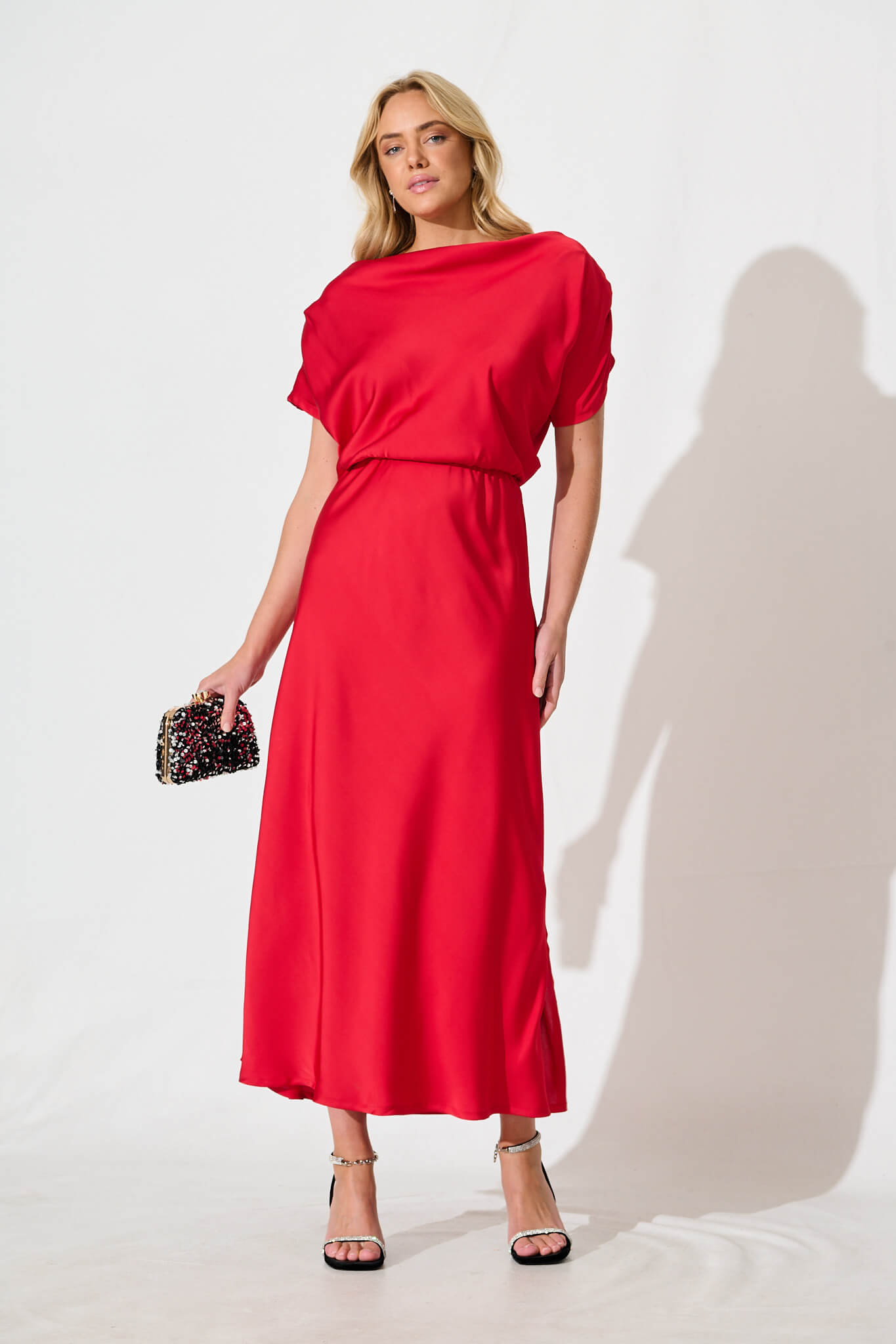 PRE ORDER Sarita Maxi Off Shoulder Dress in Red Satin
