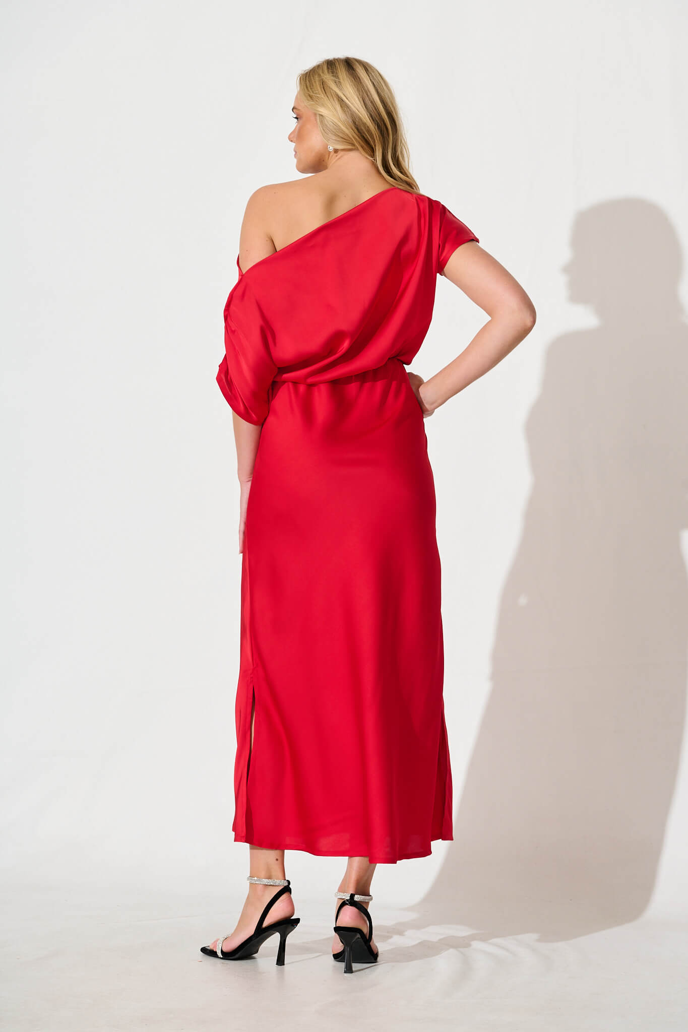 PRE ORDER Sarita Maxi Off Shoulder Dress in Red Satin