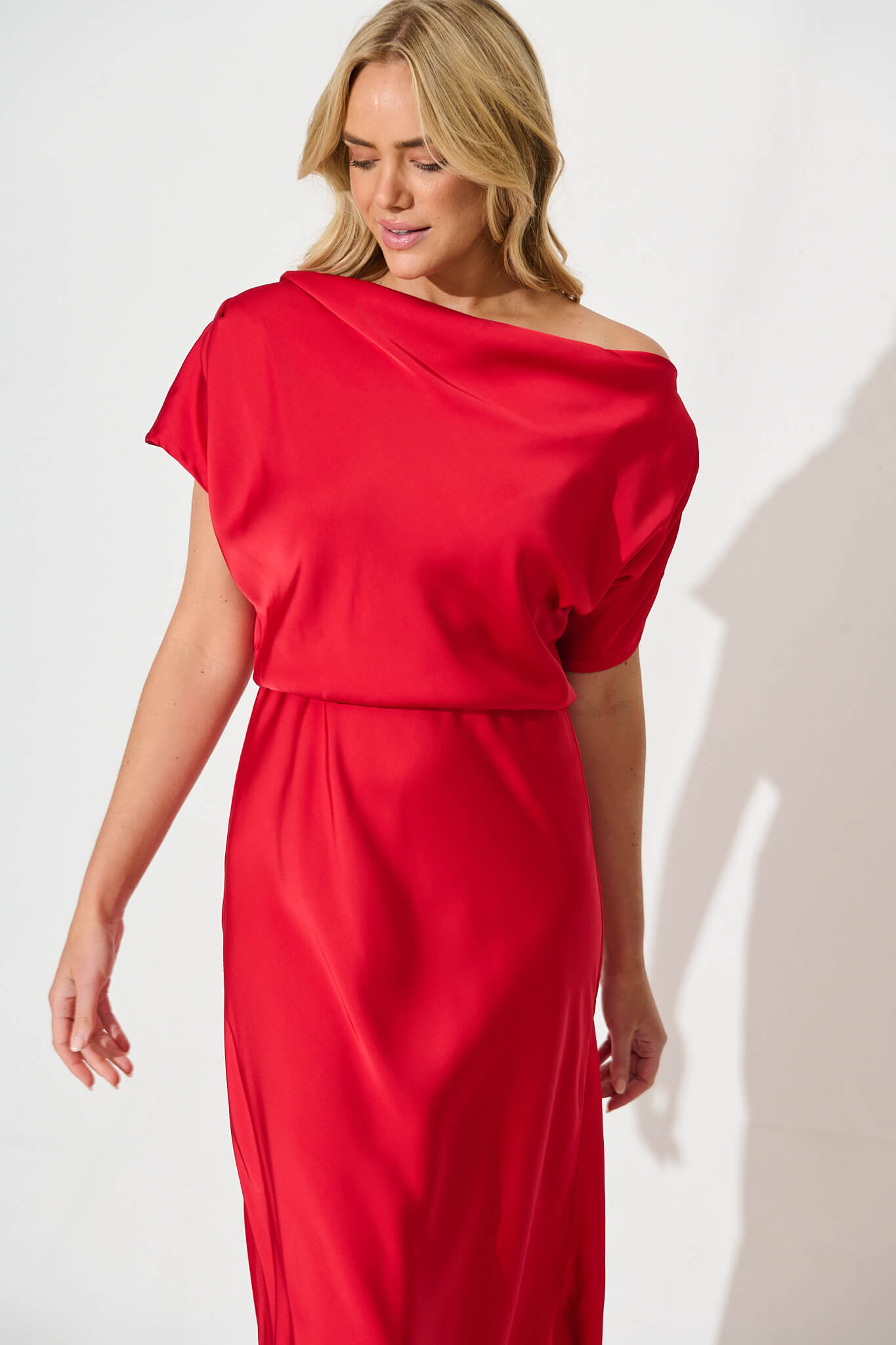 PRE ORDER Sarita Maxi Off Shoulder Dress in Red Satin