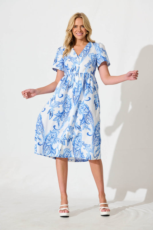 Riello Midi Smock Dress in Blue and White Paisley Cotton