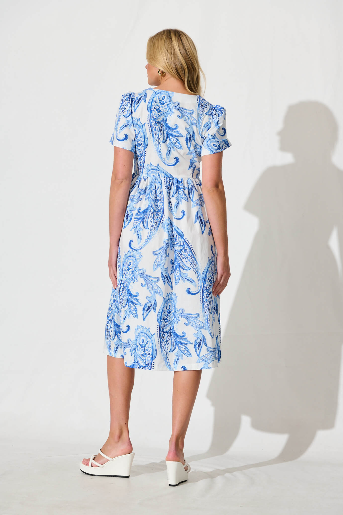 Riello Midi Smock Dress in Blue and White Paisley Cotton