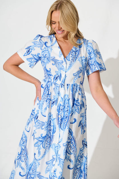 Riello Midi Smock Dress in Blue and White Paisley Cotton