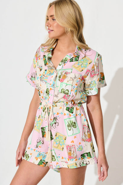Bonito Playsuit In Cream And Pink With Multi Print