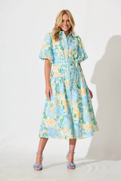 PRE ORDER Lovelife Maxi Shirt Dress In Blue Yellow Floral Linen Blend