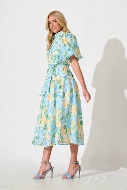 PRE ORDER Lovelife Maxi Shirt Dress In Blue Yellow Floral Linen Blend