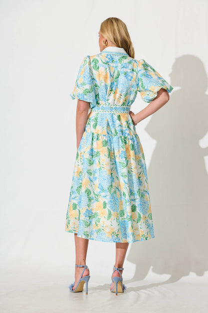 PRE ORDER Lovelife Maxi Shirt Dress In Blue Yellow Floral Linen Blend