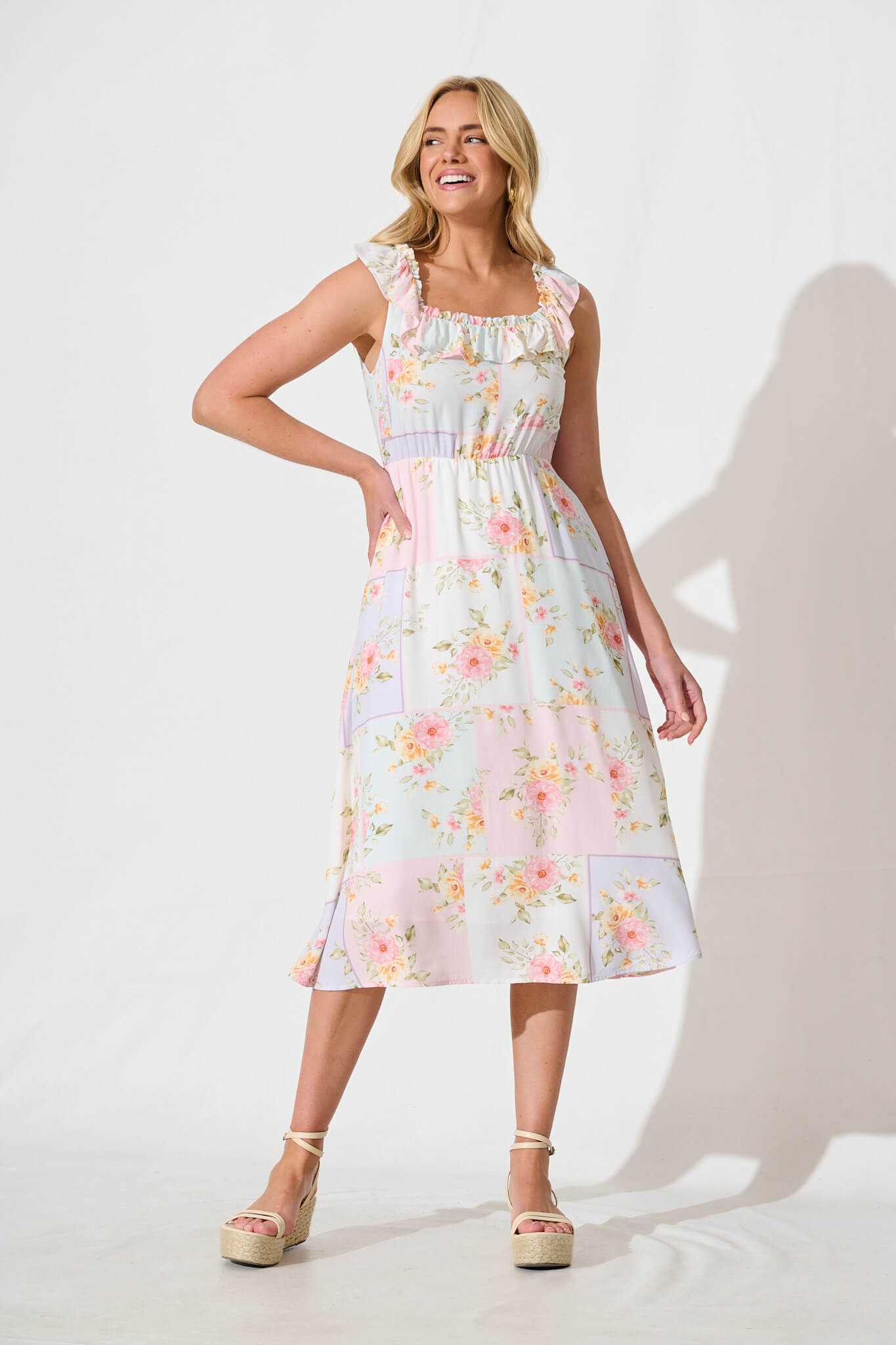 Paige Midi Dress In Pastel Floral Patchwork Linen Blend