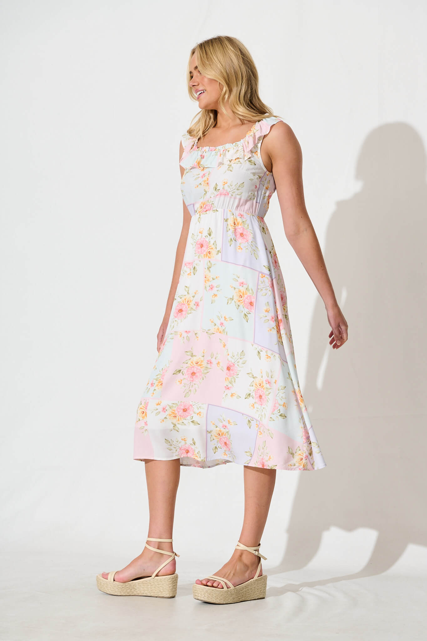 Paige Midi Dress In Pastel Floral Patchwork Linen Blend