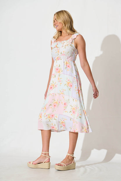 Paige Midi Dress In Pastel Floral Patchwork Linen Blend