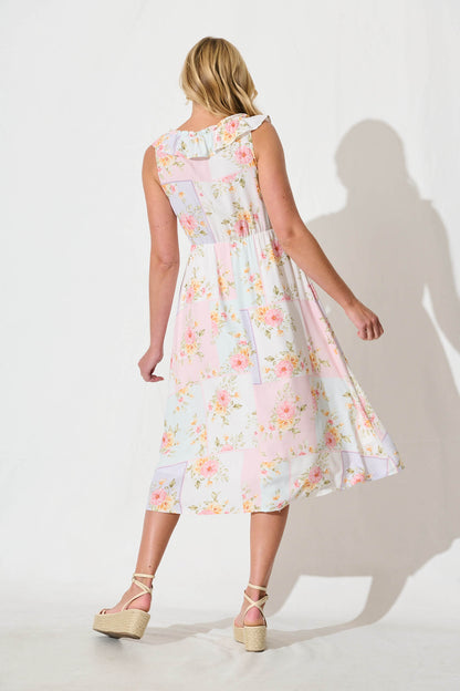 Paige Midi Dress In Pastel Floral Patchwork Linen Blend