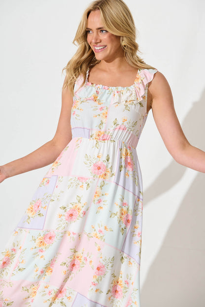 Paige Midi Dress In Pastel Floral Patchwork Linen Blend