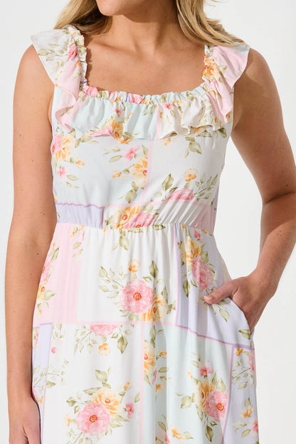 Paige Midi Dress In Pastel Floral Patchwork Linen Blend