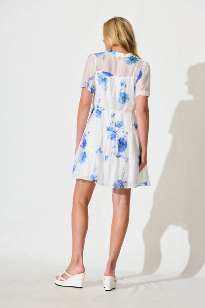 Lorea Dress in White with Blue Floral