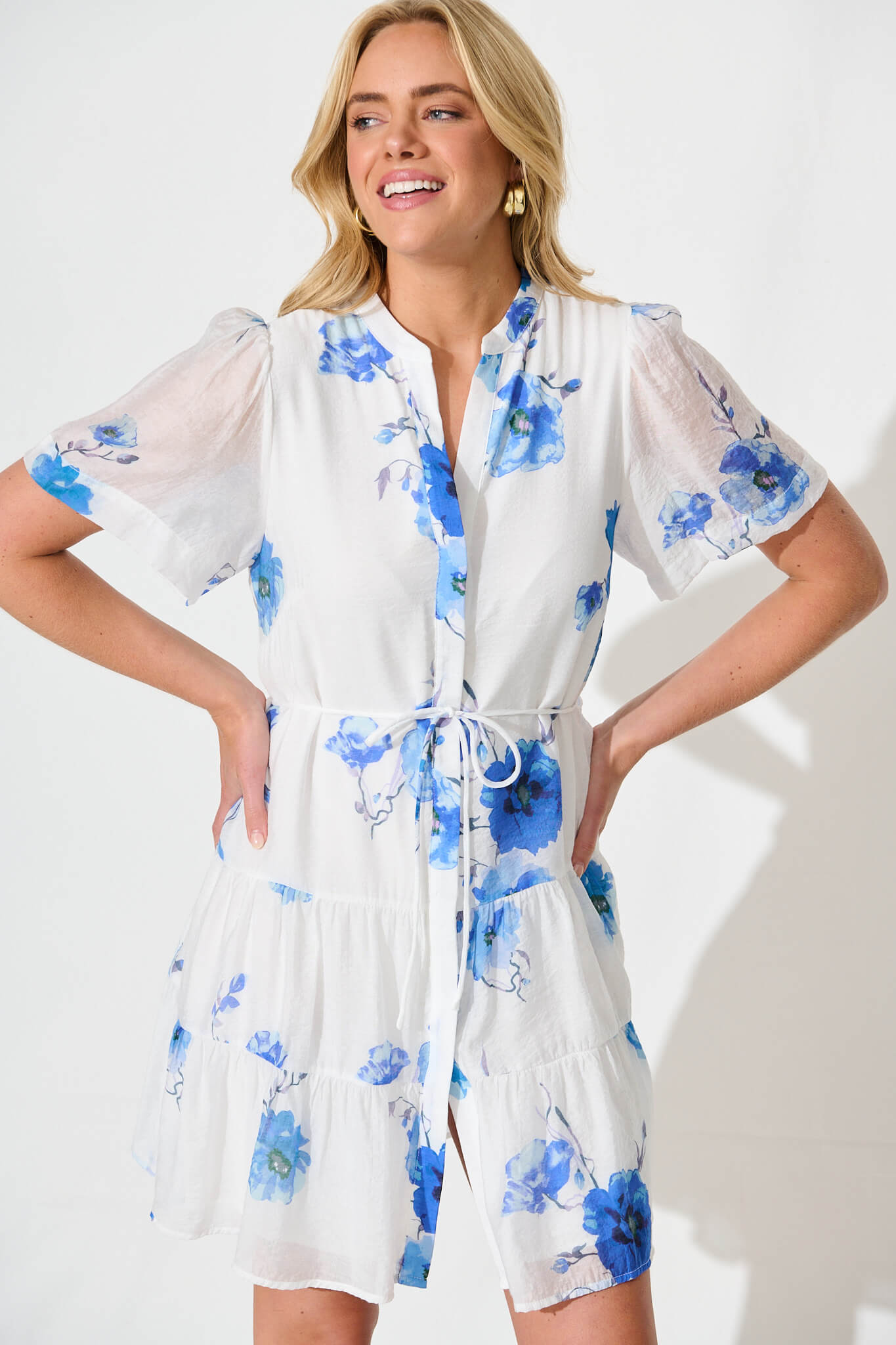 Lorea Dress in White with Blue Floral
