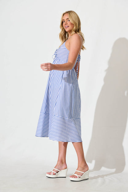 Miramar Midi Dress in Blue and White Stripe Cotton