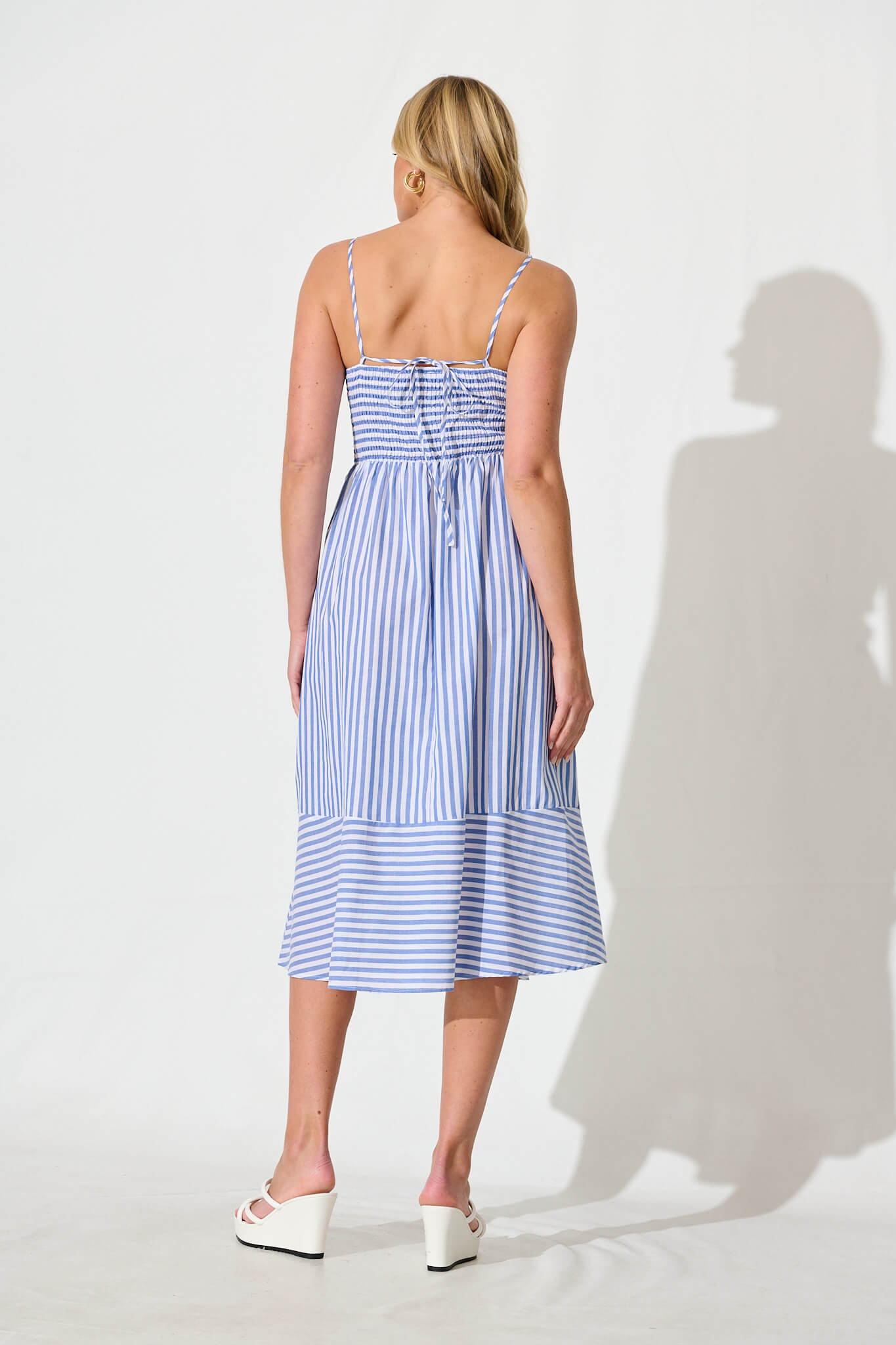 Miramar Midi Dress in Blue and White Stripe Cotton