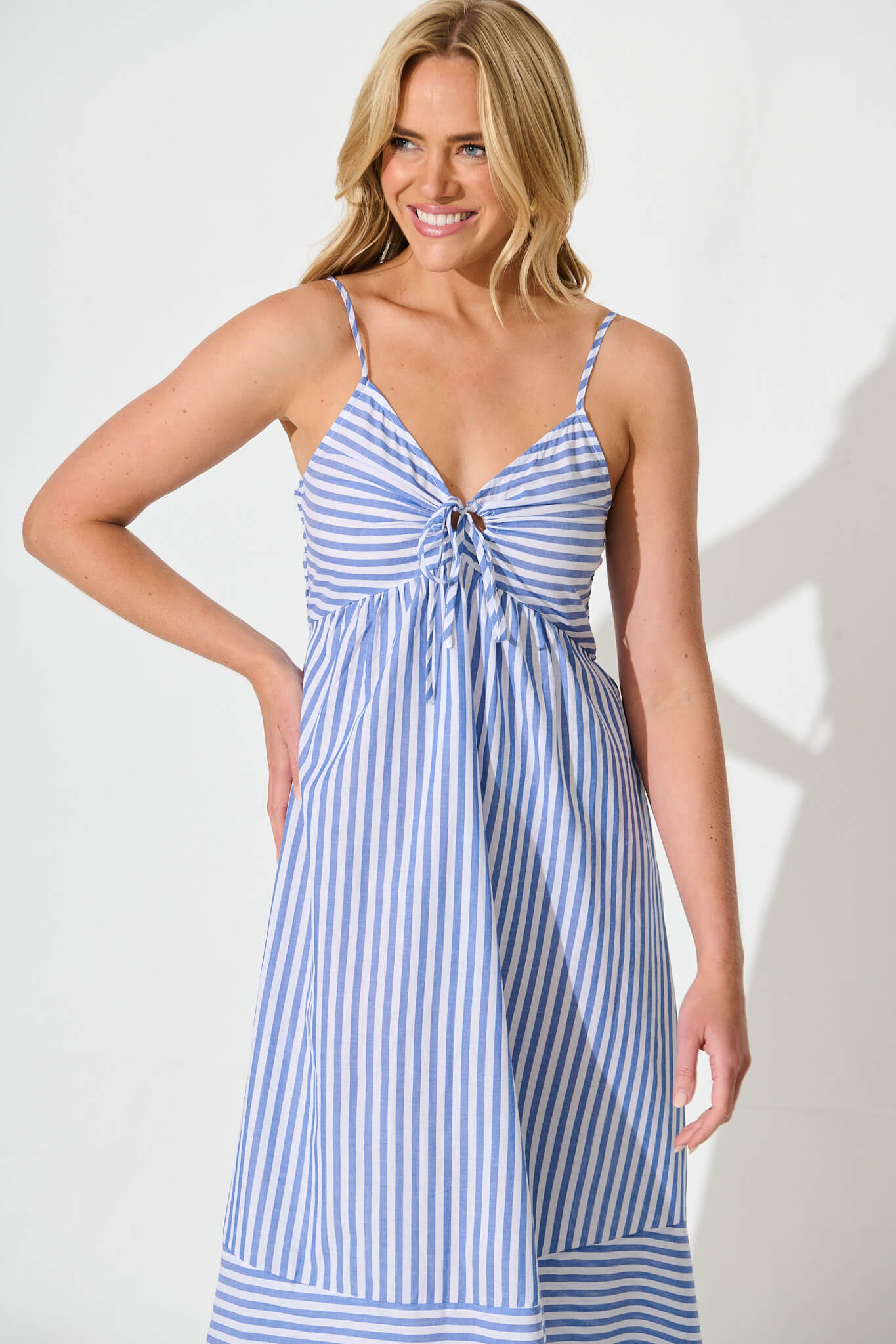 Miramar Midi Dress in Blue and White Stripe Cotton