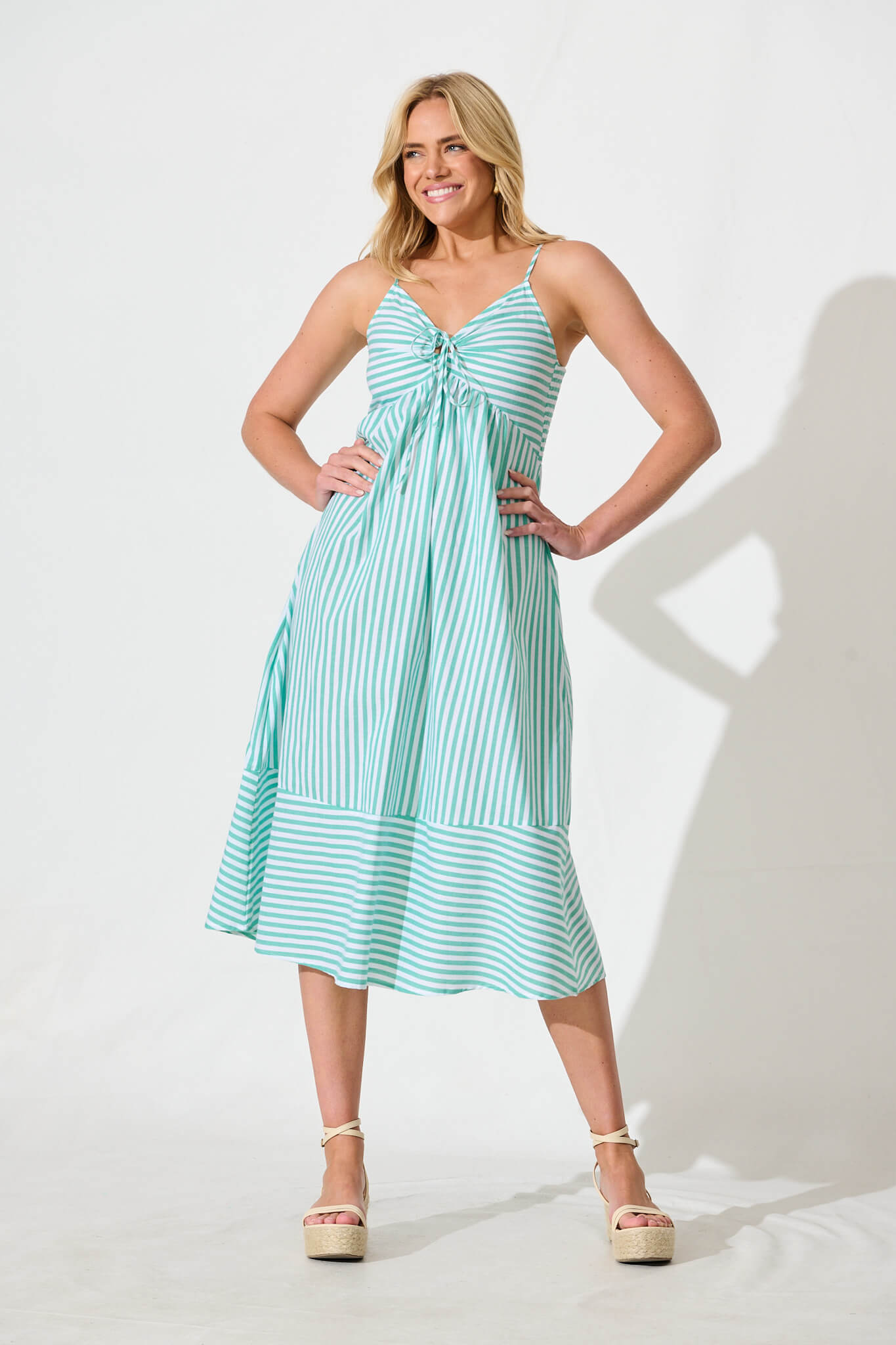 Miramar Midi Dress in Green and White Stripe Cotton