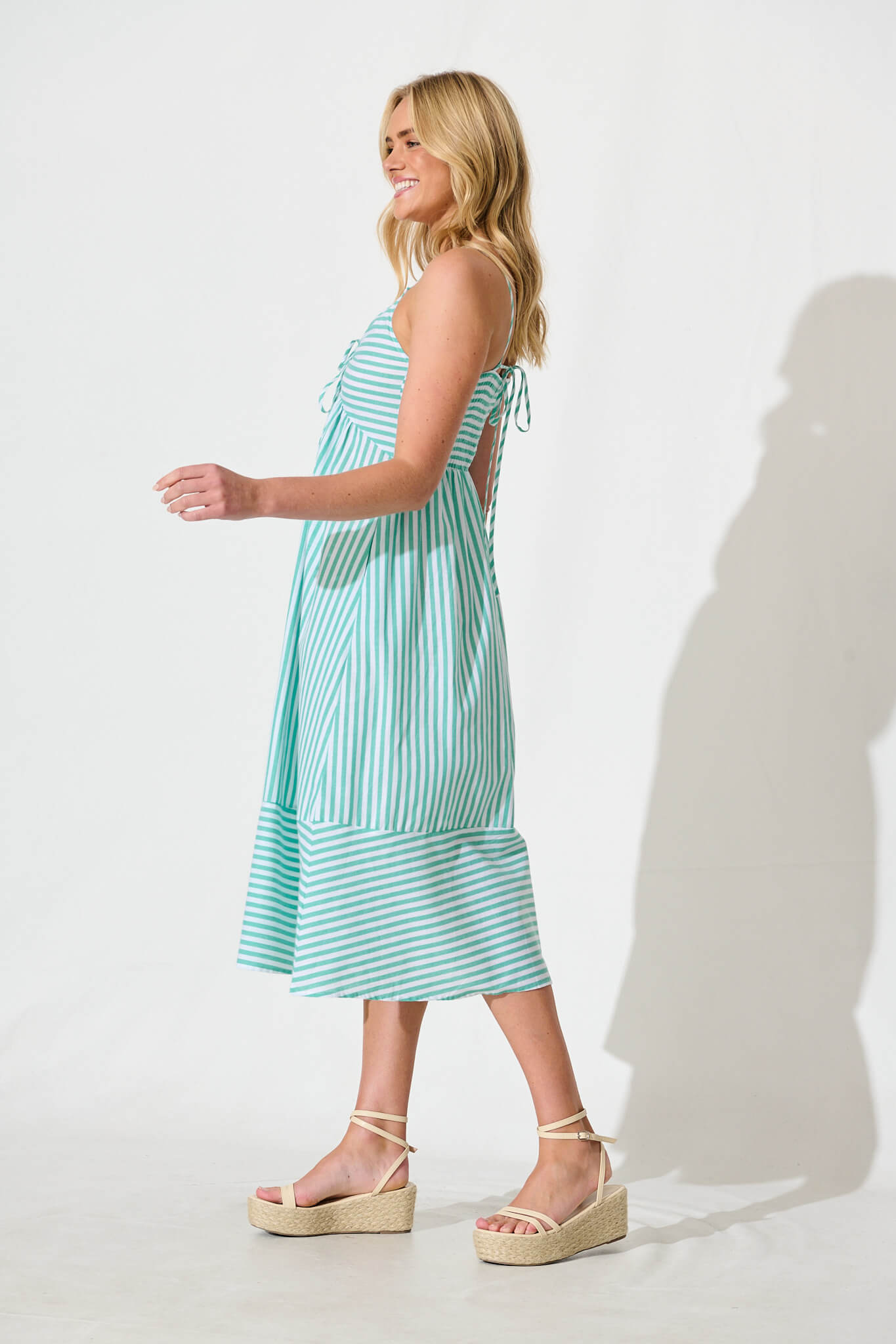 Miramar Midi Dress in Green and White Stripe Cotton