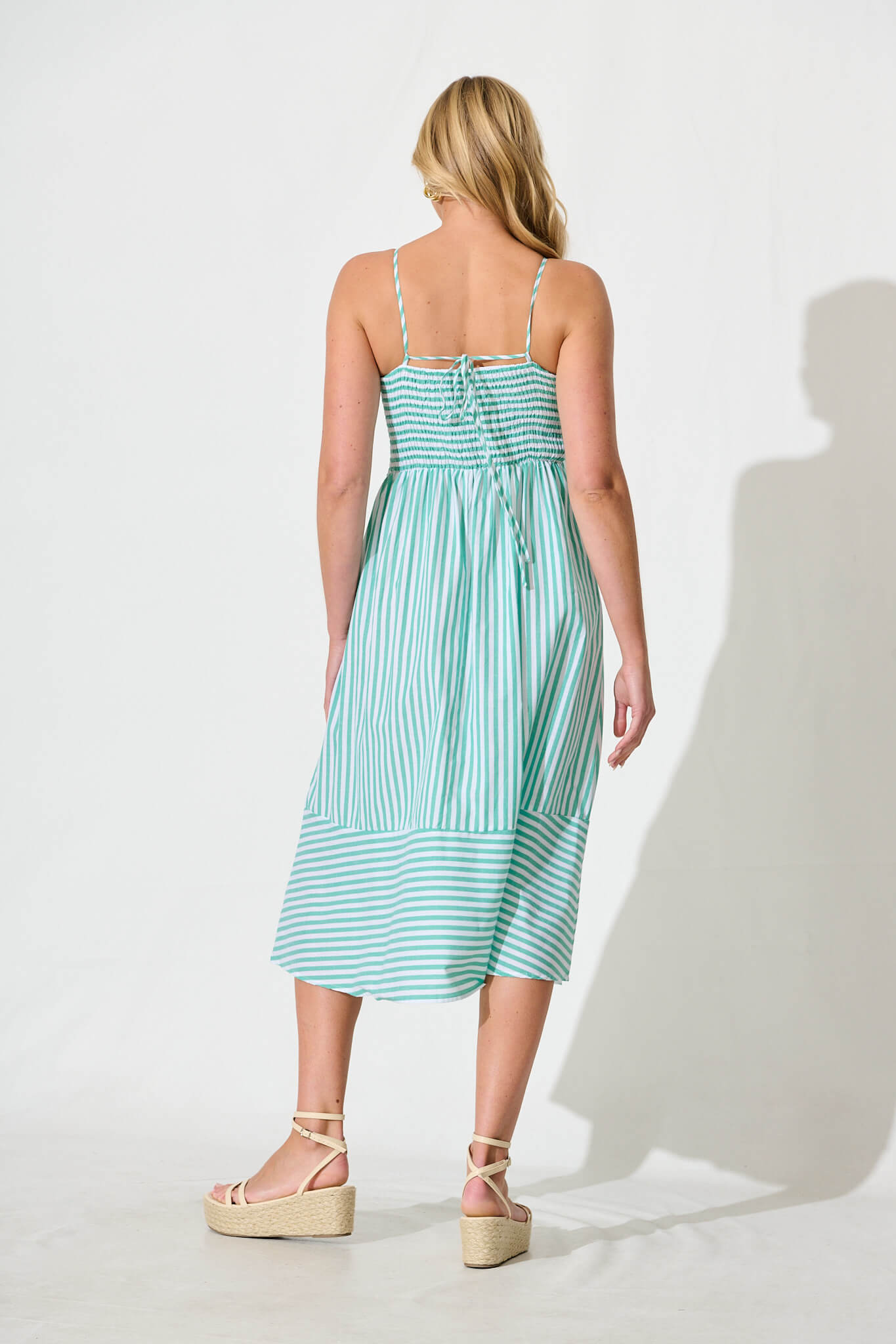 Miramar Midi Dress in Green and White Stripe Cotton